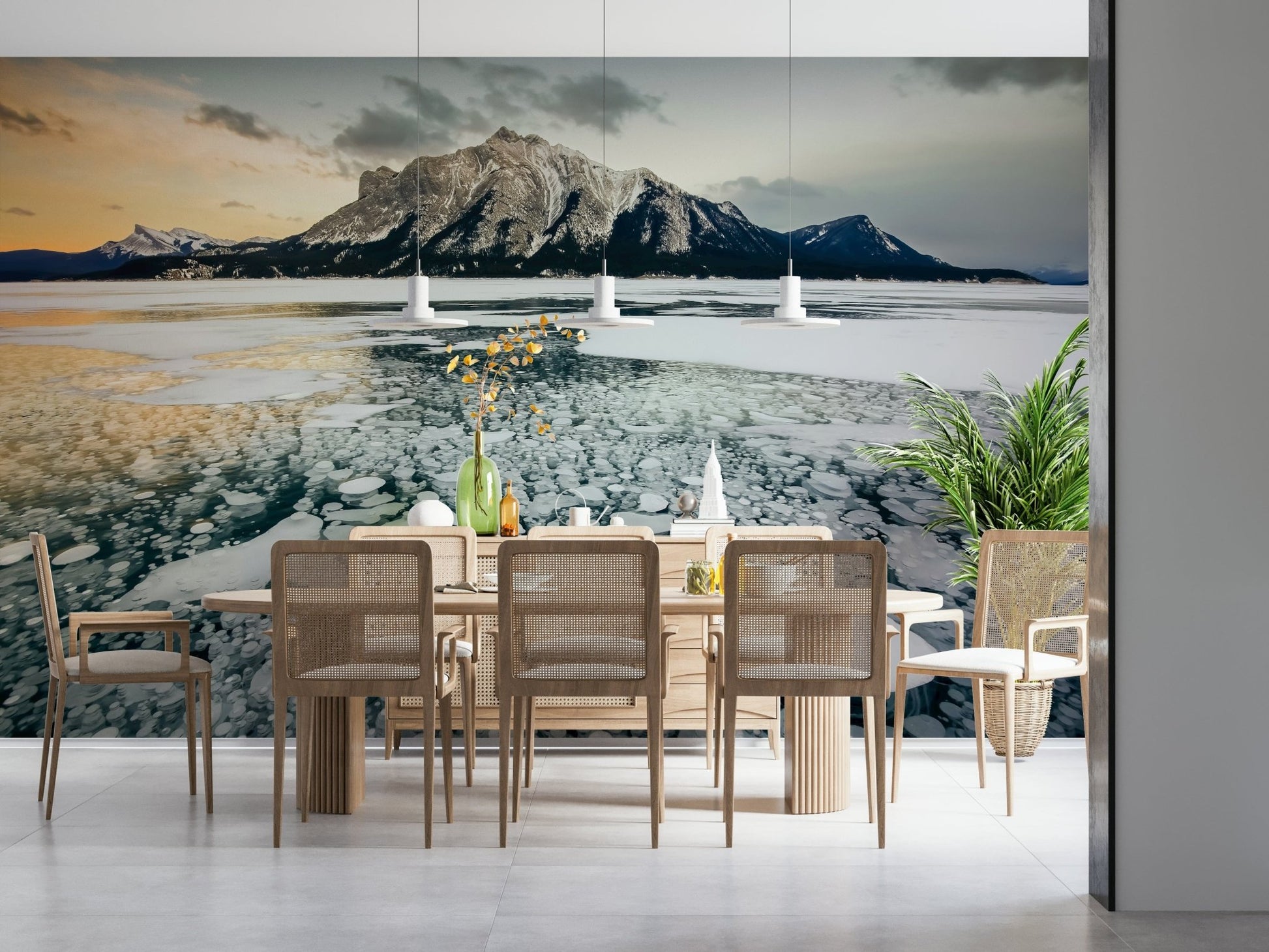 A beautiful wide-angle wall mural of a peaceful mountain.