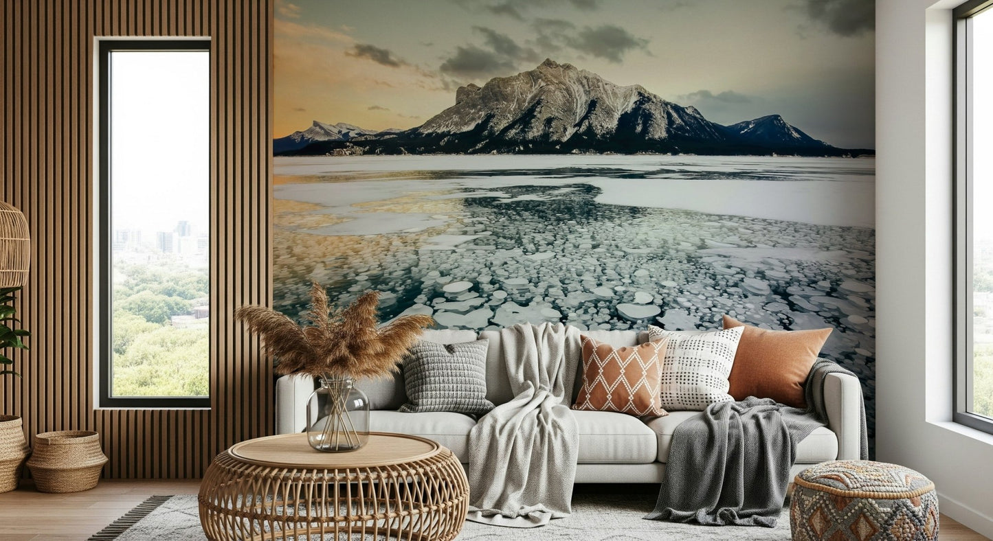 A peaceful open country mural on decorative wallpaper.