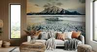 A peaceful open country mural on decorative wallpaper.