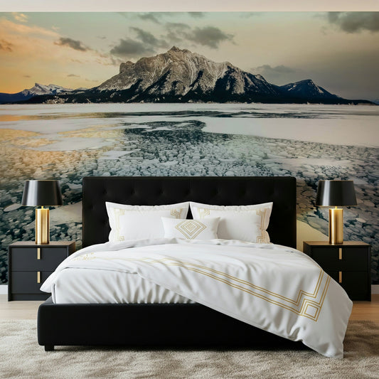 A beautiful mountain vista wallpaper mural with abstract frozen bubbles and icy textures.