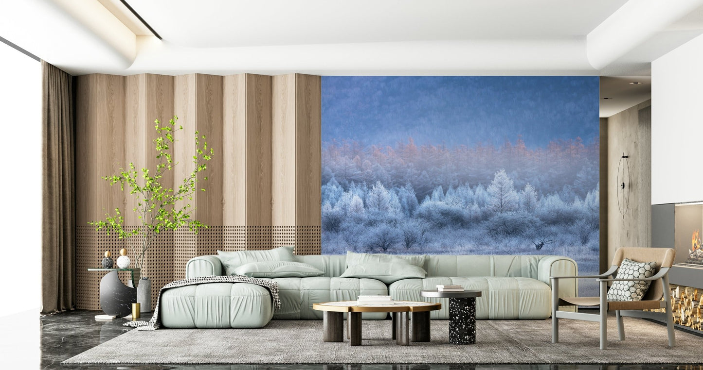 An artistic frozen forest mural on scenic wallpaper.