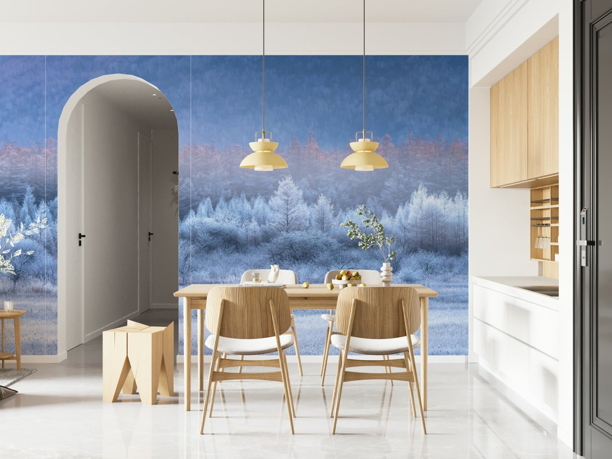 A beautiful wide-angle wall mural of a serene landscape.