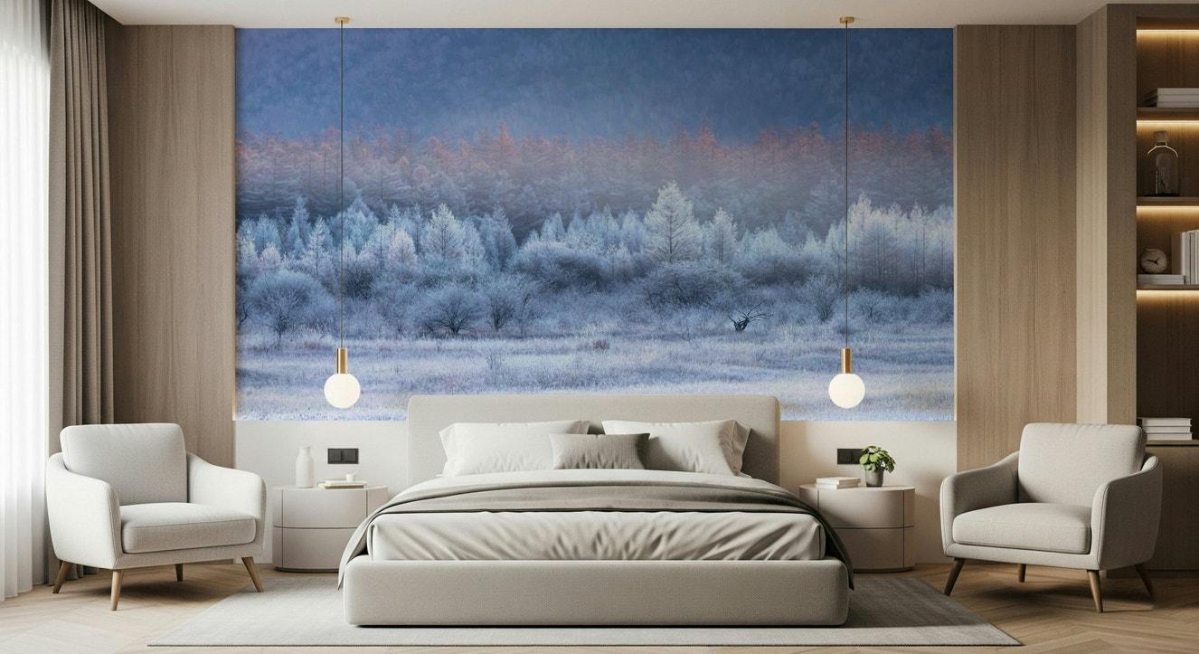A beautiful panoramic vista wallpaper mural of a frozen dawn or icy landscape.