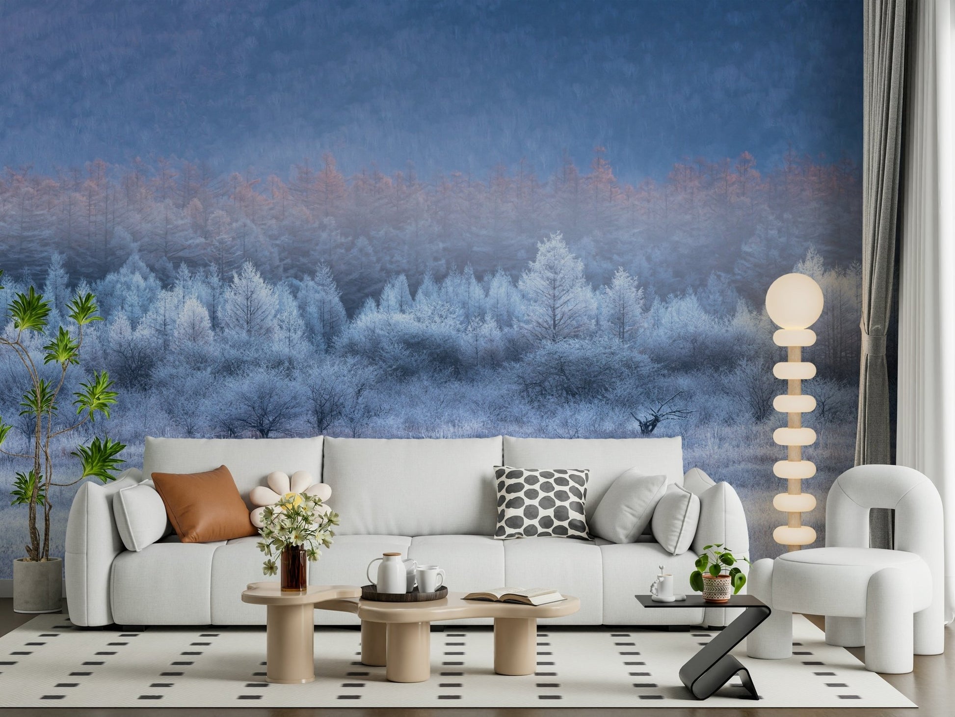 A graceful subtle pattern wall mural in cool, white and blue tones.