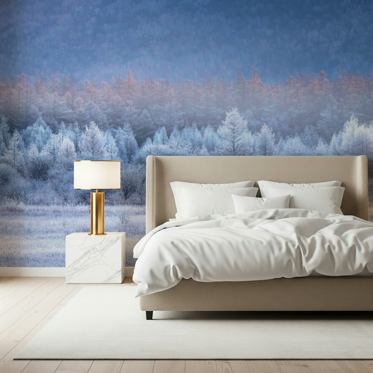 A peaceful open country mural on decorative wallpaper.
