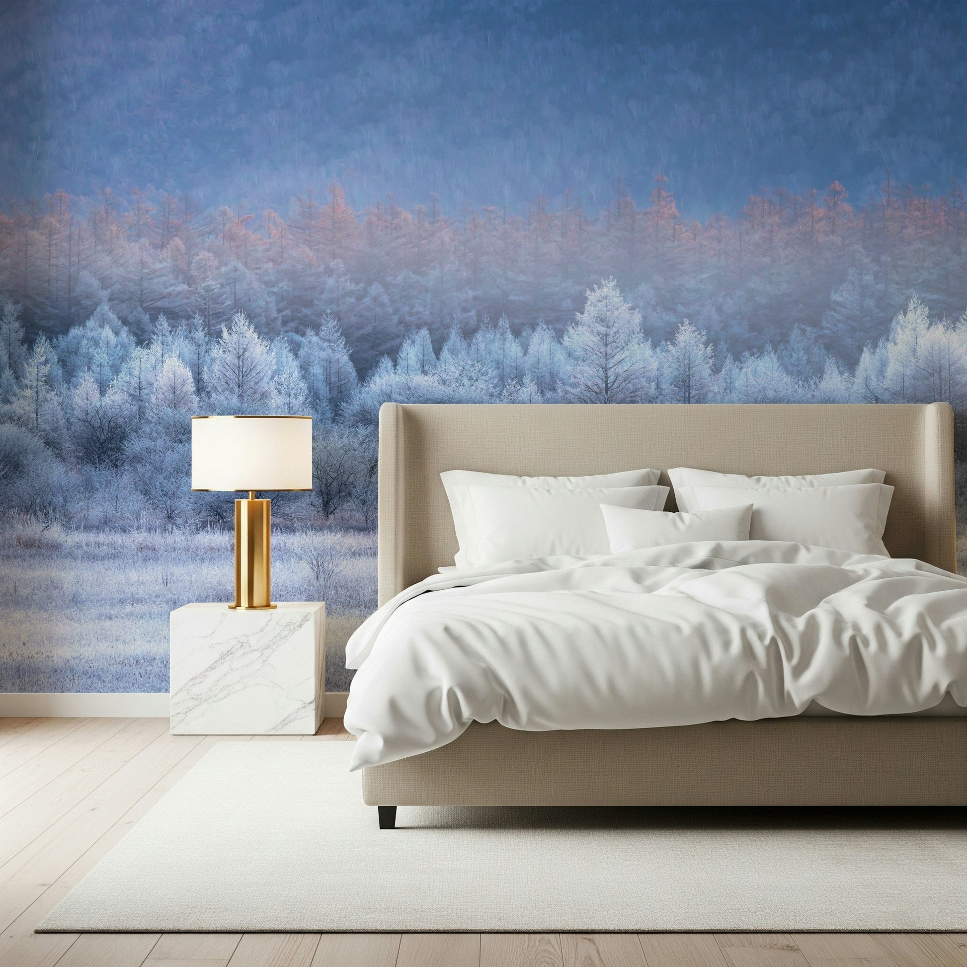 A peaceful open country mural on decorative wallpaper.