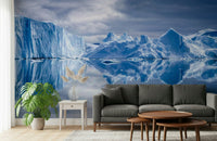 A peaceful modern abstract mural on decorative wallpaper.