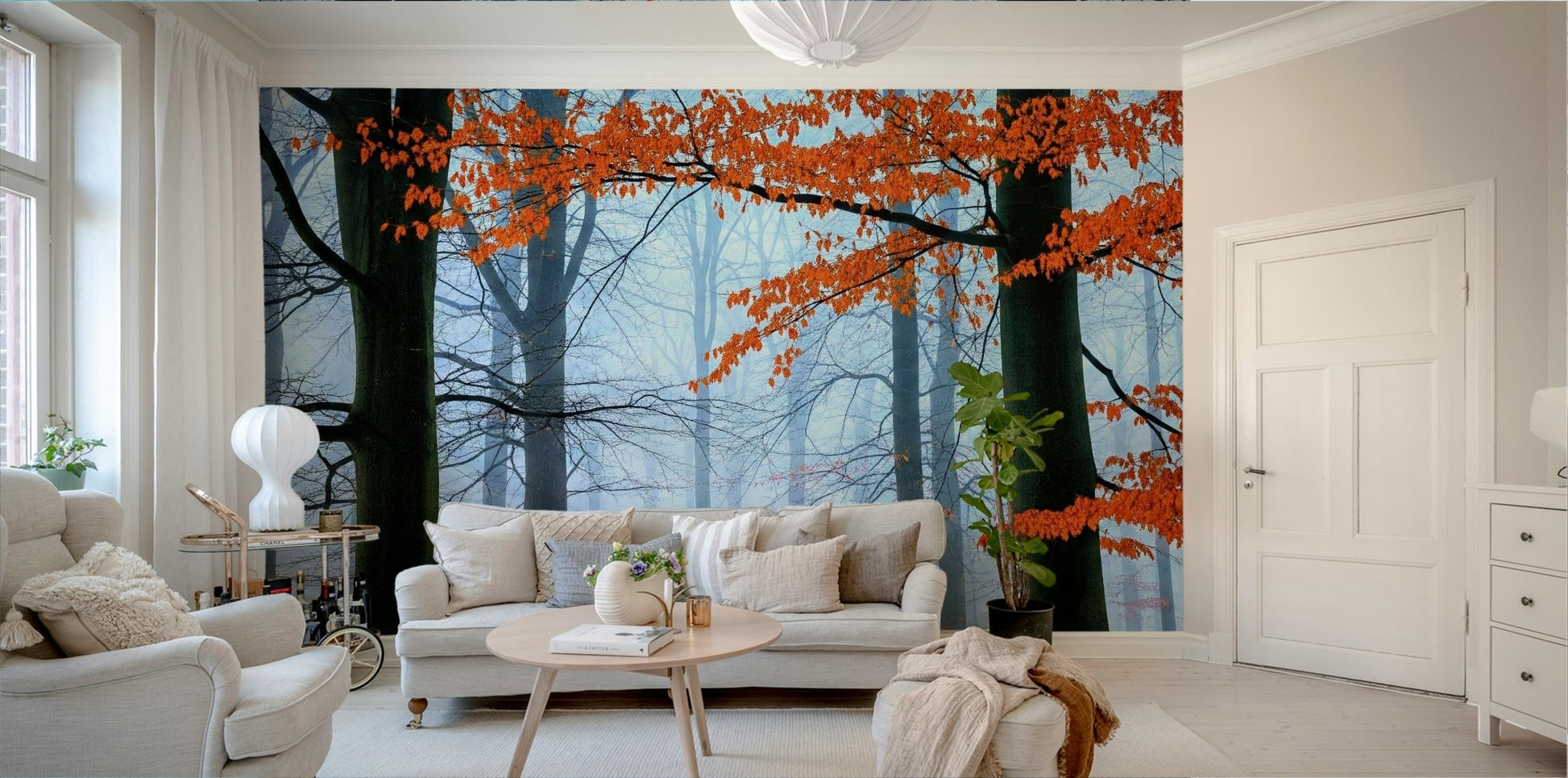 An interior with a peaceful and dramatic accent wall

