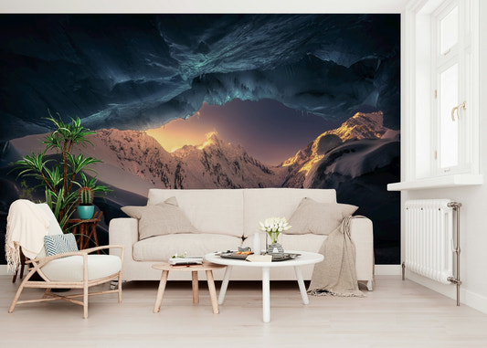 A beautiful panoramic vista wallpaper mural of a frozen kingdom or icy landscape.