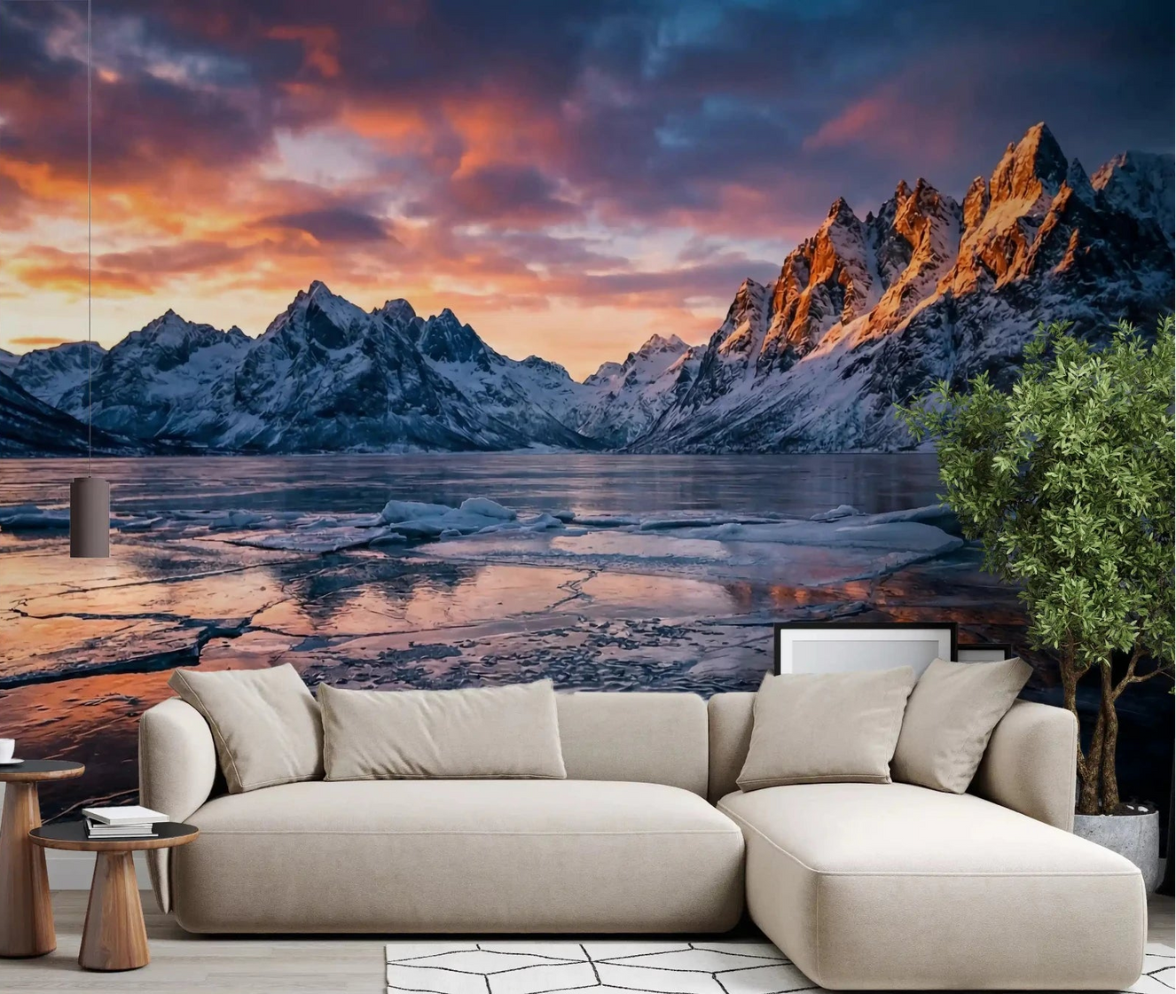Fiery Skies wall mural with snowy alpine peaks and reflective ice