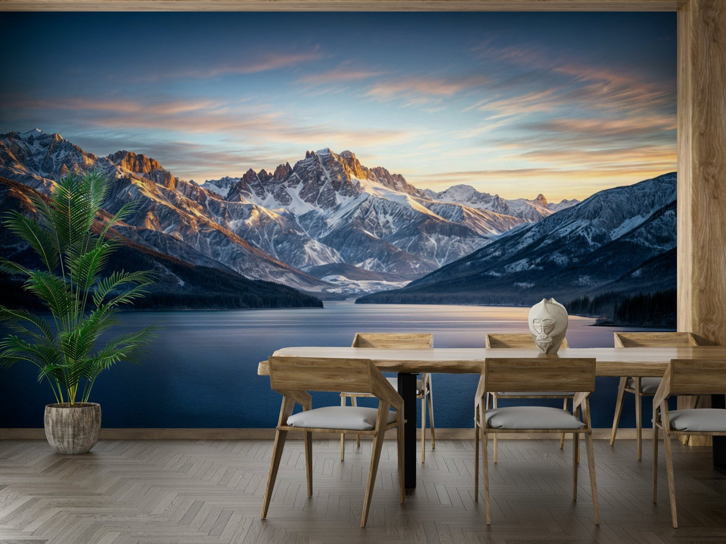 A calming serene mountain wallpaper mural that defines a space.

