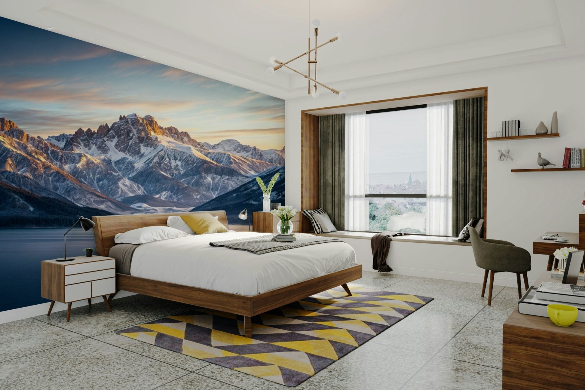 A peaceful winter vista mural on decorative wallpaper.

