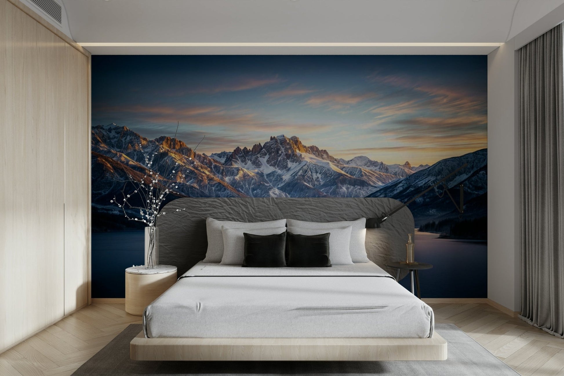 An artistic frozen landscape mural on minimalist wallpaper.

