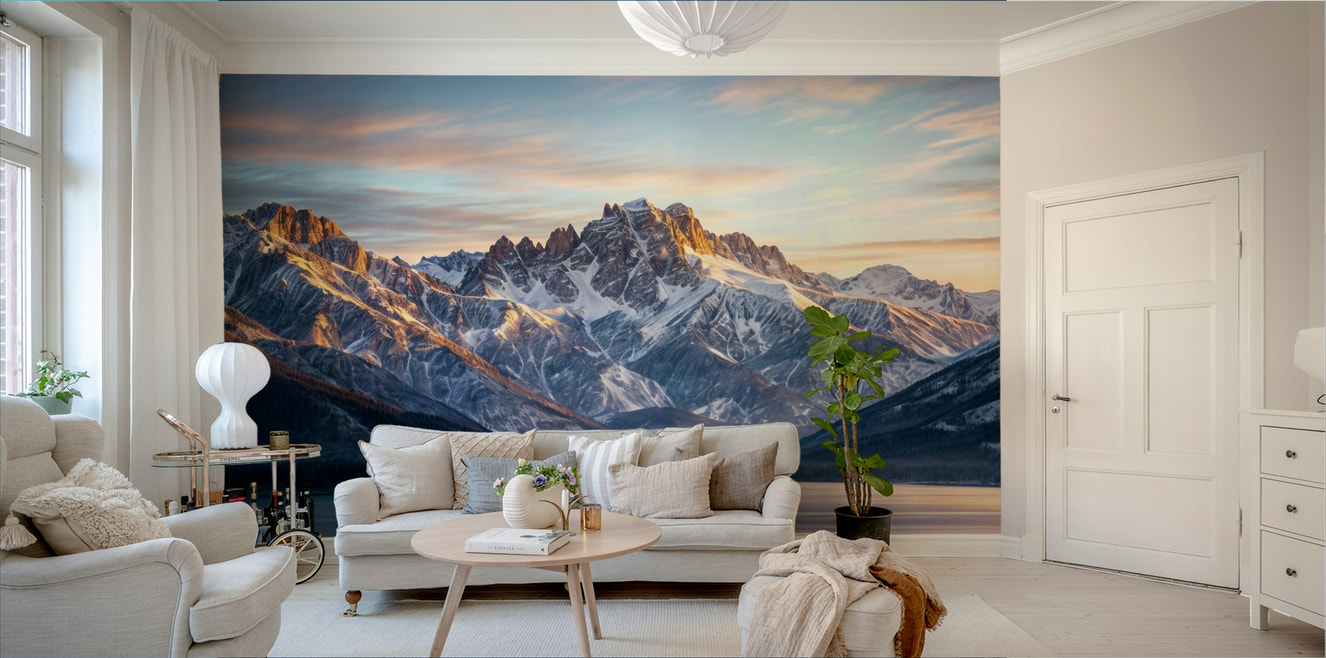 A beautiful snowy mountain wallpaper mural for a cozy room.

