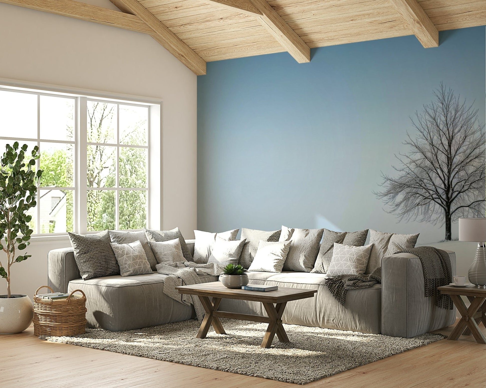 A graceful subtle pattern wall mural in cool, white tones.

