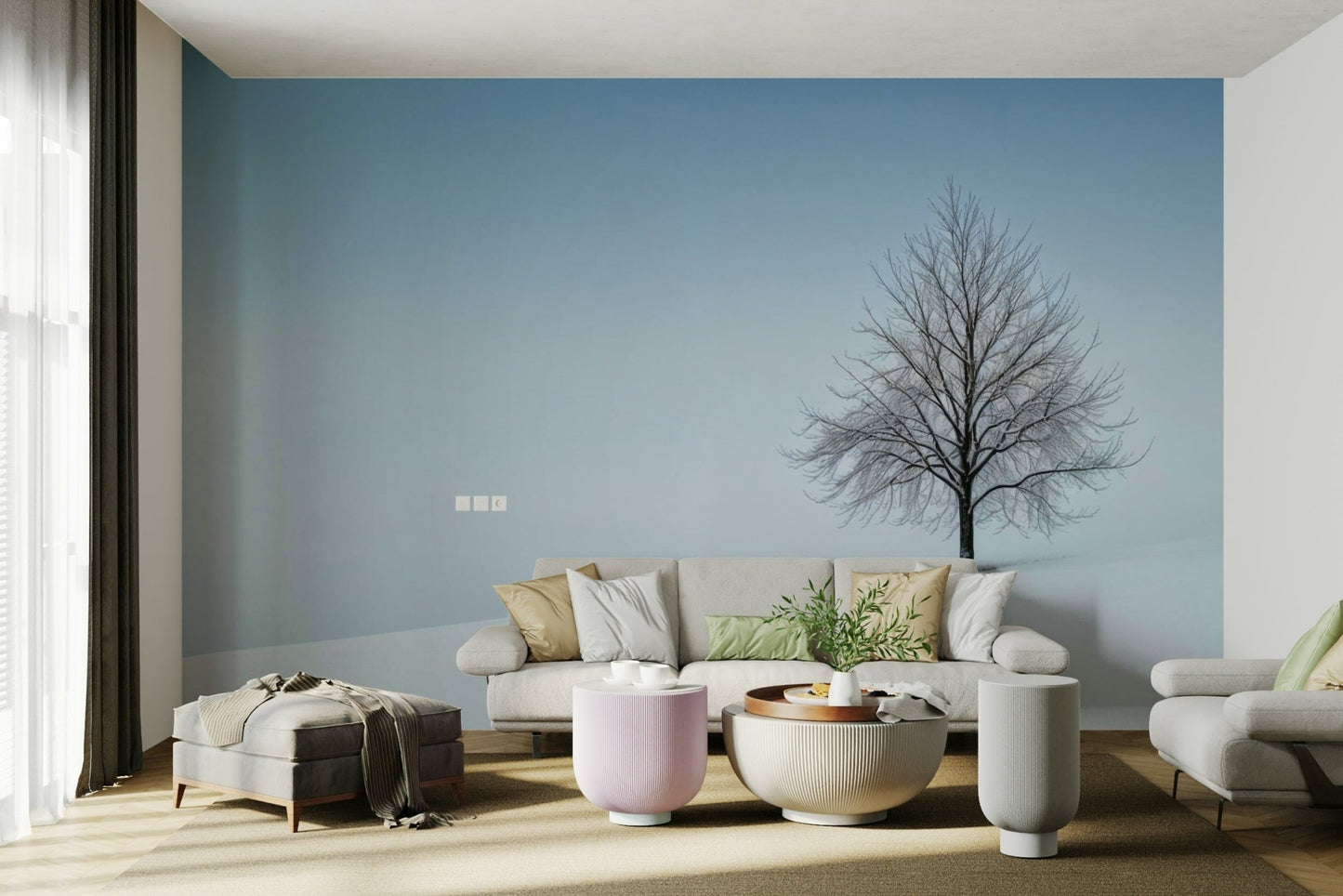 A calming serene mountain wallpaper mural that defines a space.

