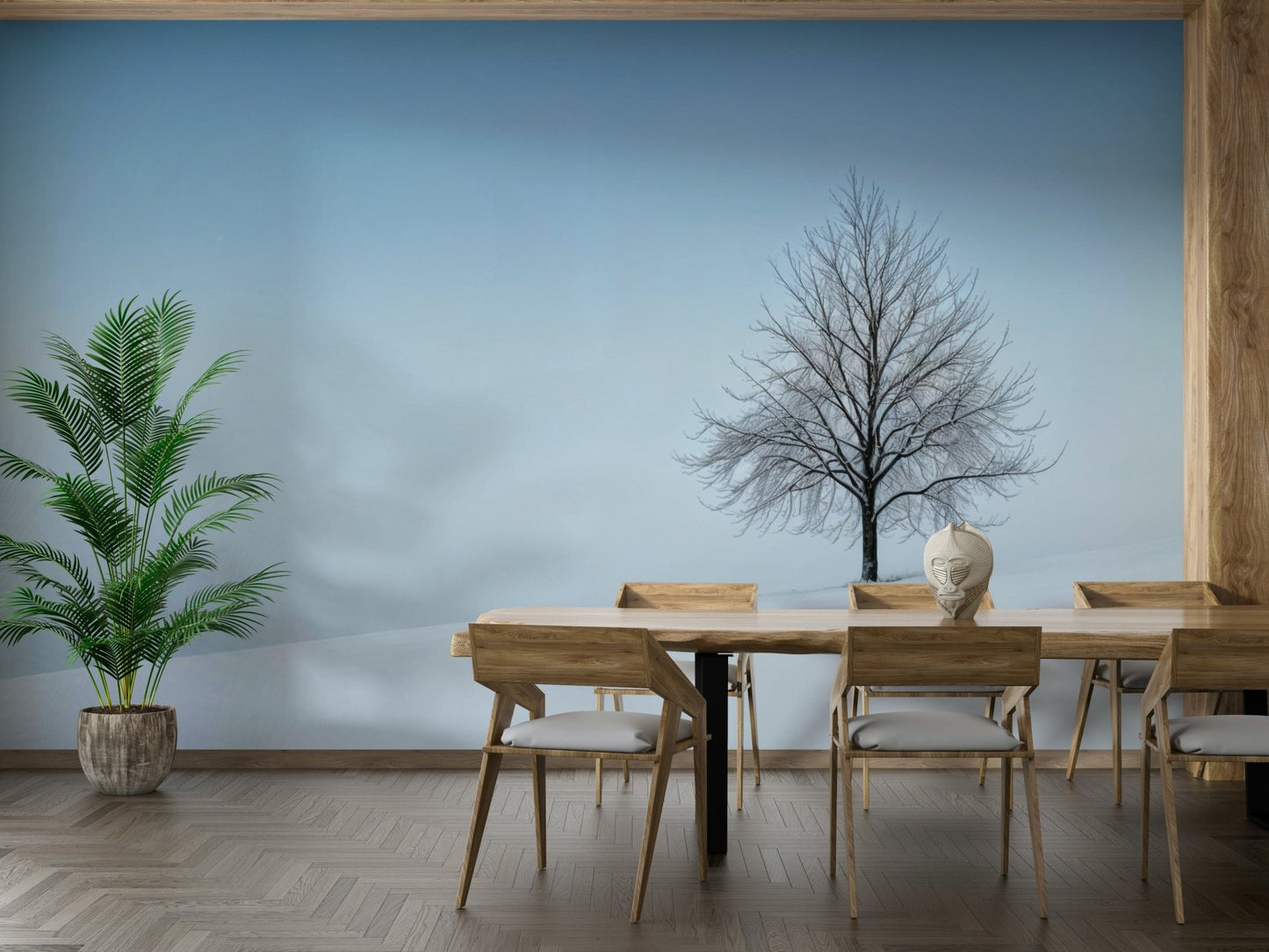 A beautiful abstract winter wall mural for a living room.

