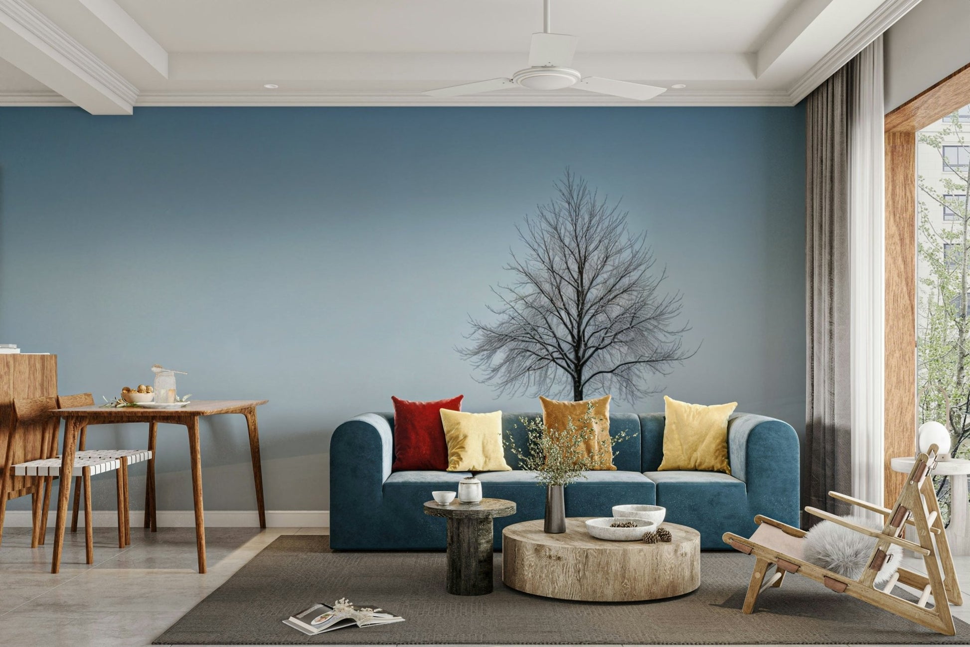 A peaceful winter scene mural on decorative wallpaper.

