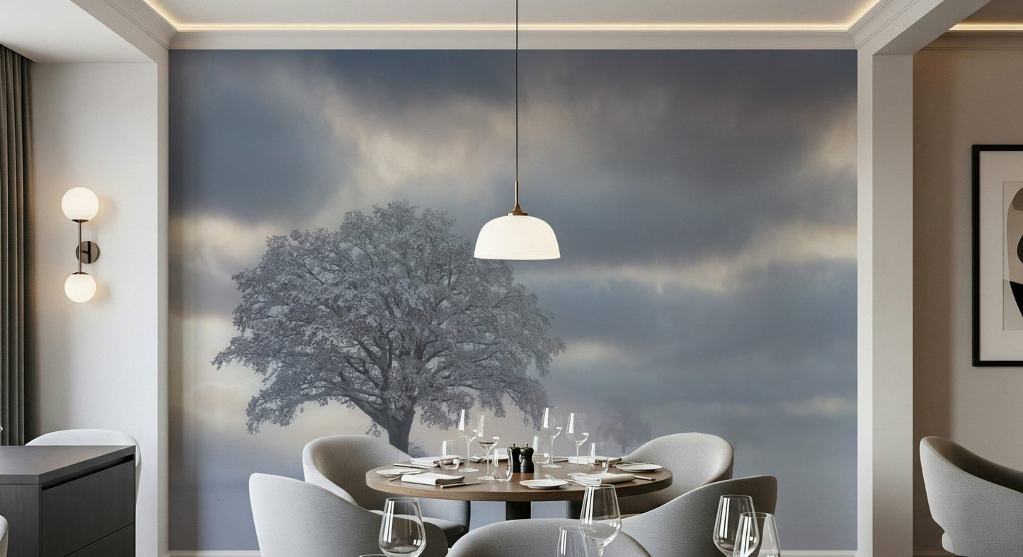 Captivating Frozen Woodland Solitaire mural, a tranquil snowy vista.