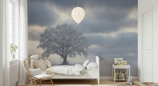 Frozen Woodland Solitaire mural, a single majestic snow-covered tree.