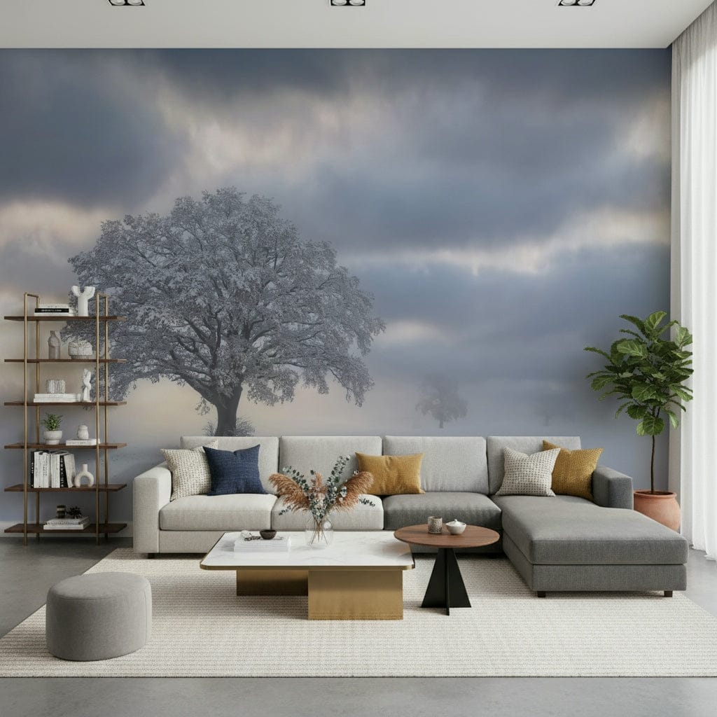 Breathtaking winter mural featuring a majestic, frosted tree in fog.