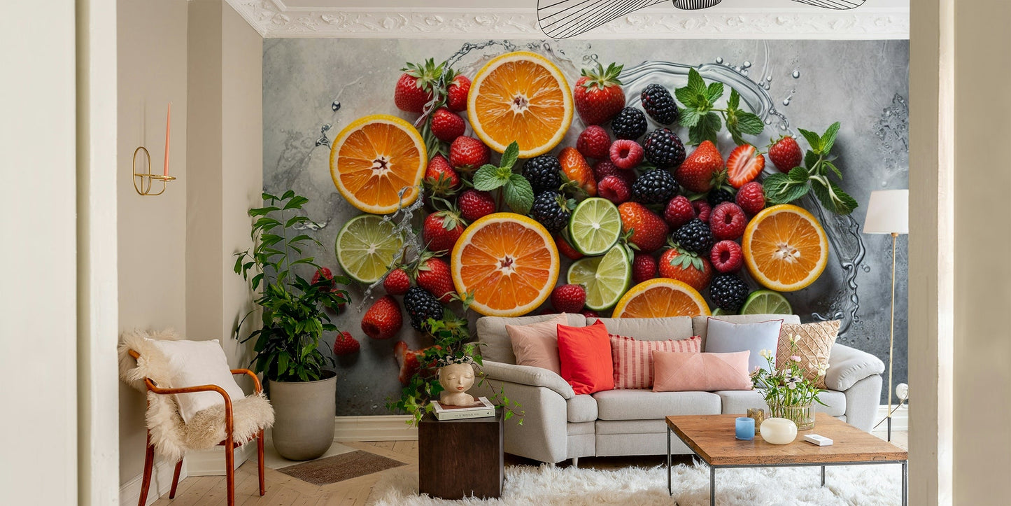 The fruits are shown in a splash of liquid or with a sense of motion.

