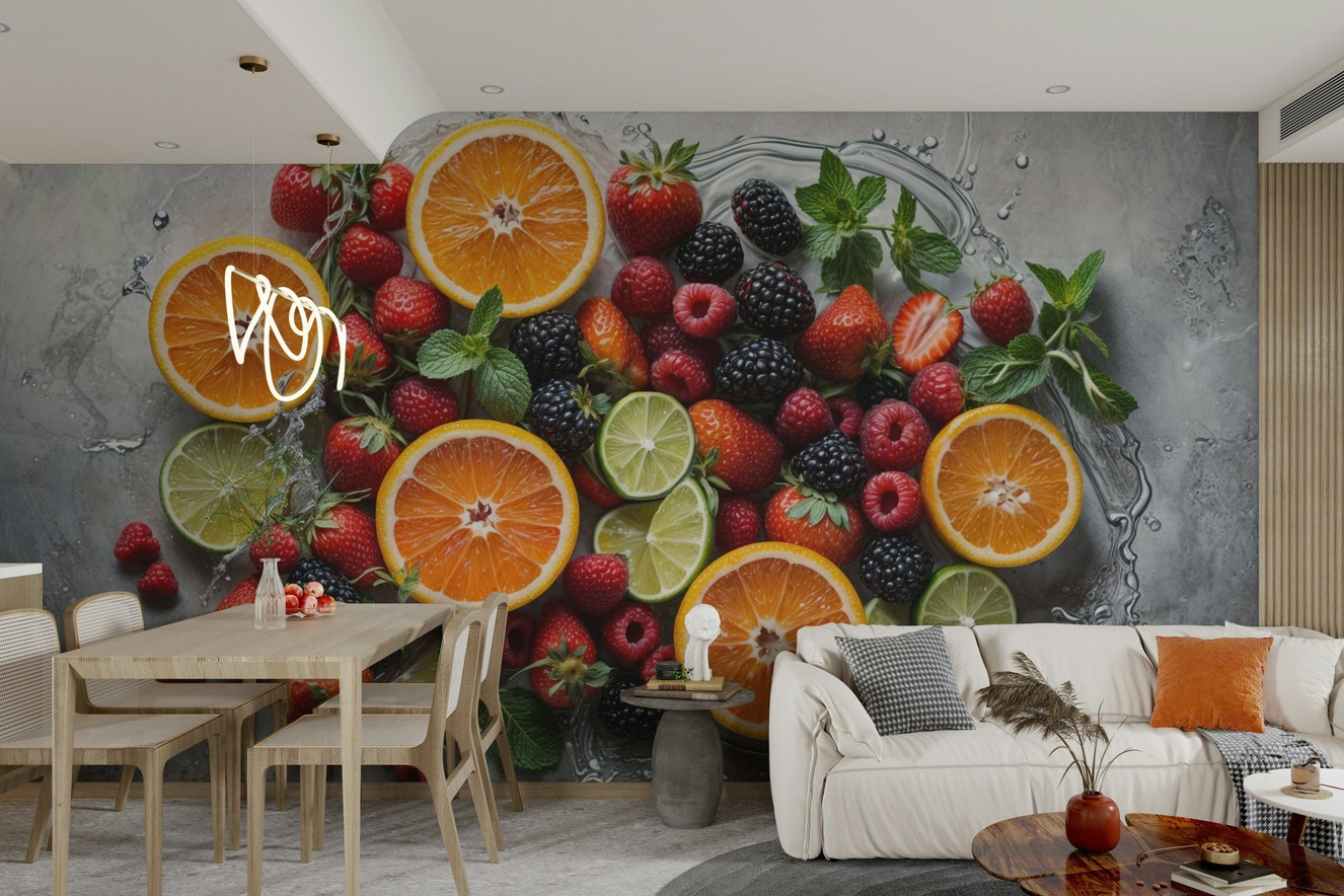An energetic wall mural with a design of various fruits.

