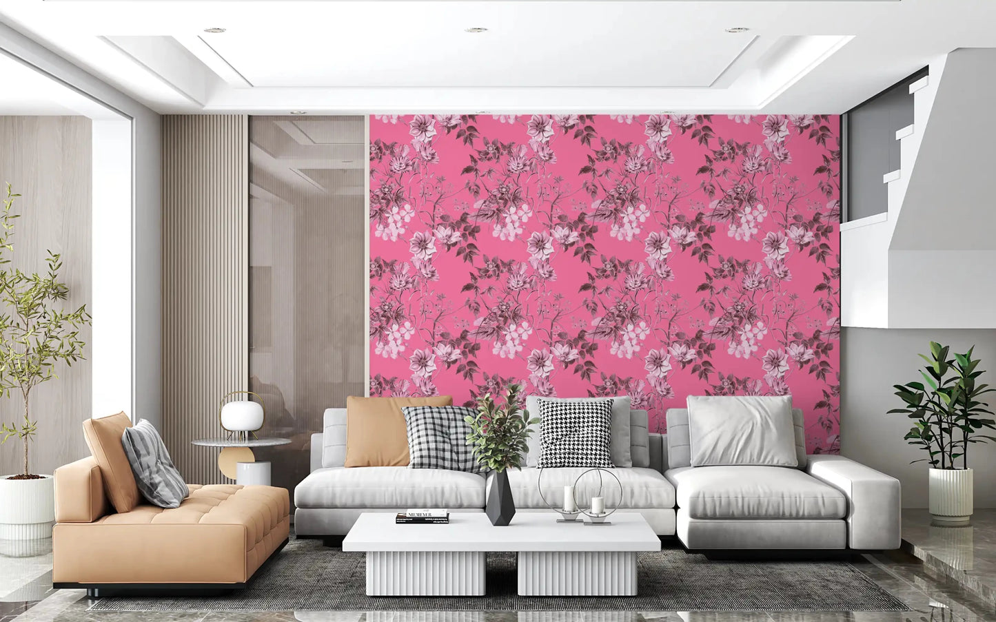 Living room with Fuchsia Floral Prints wallpaper in bright botanical pink style