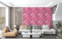 Living room with Fuchsia Floral Prints wallpaper in bright botanical pink style