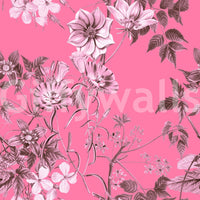 Pink flower wallpaper with botanical sketch detail and balanced contrast