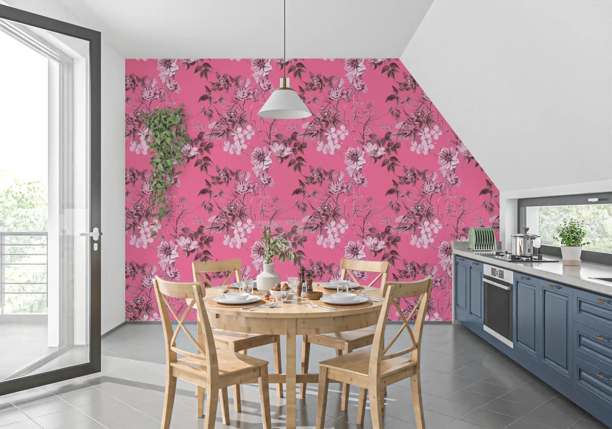 Botanical print wallpaper with pale blooms across a strong fuchsia ground