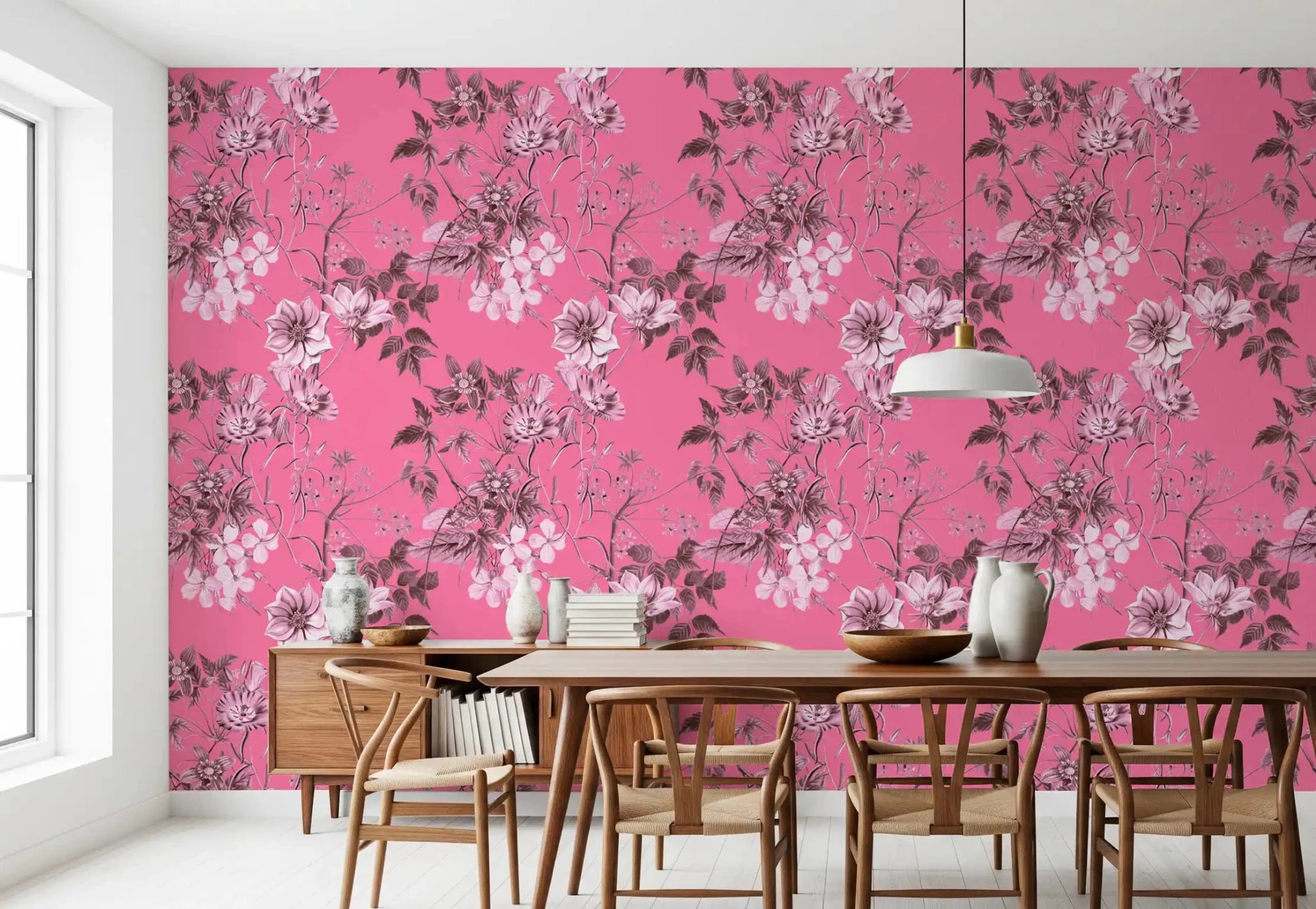 Garden-inspired wallpaper with fuchsia background and soft blossom outlines