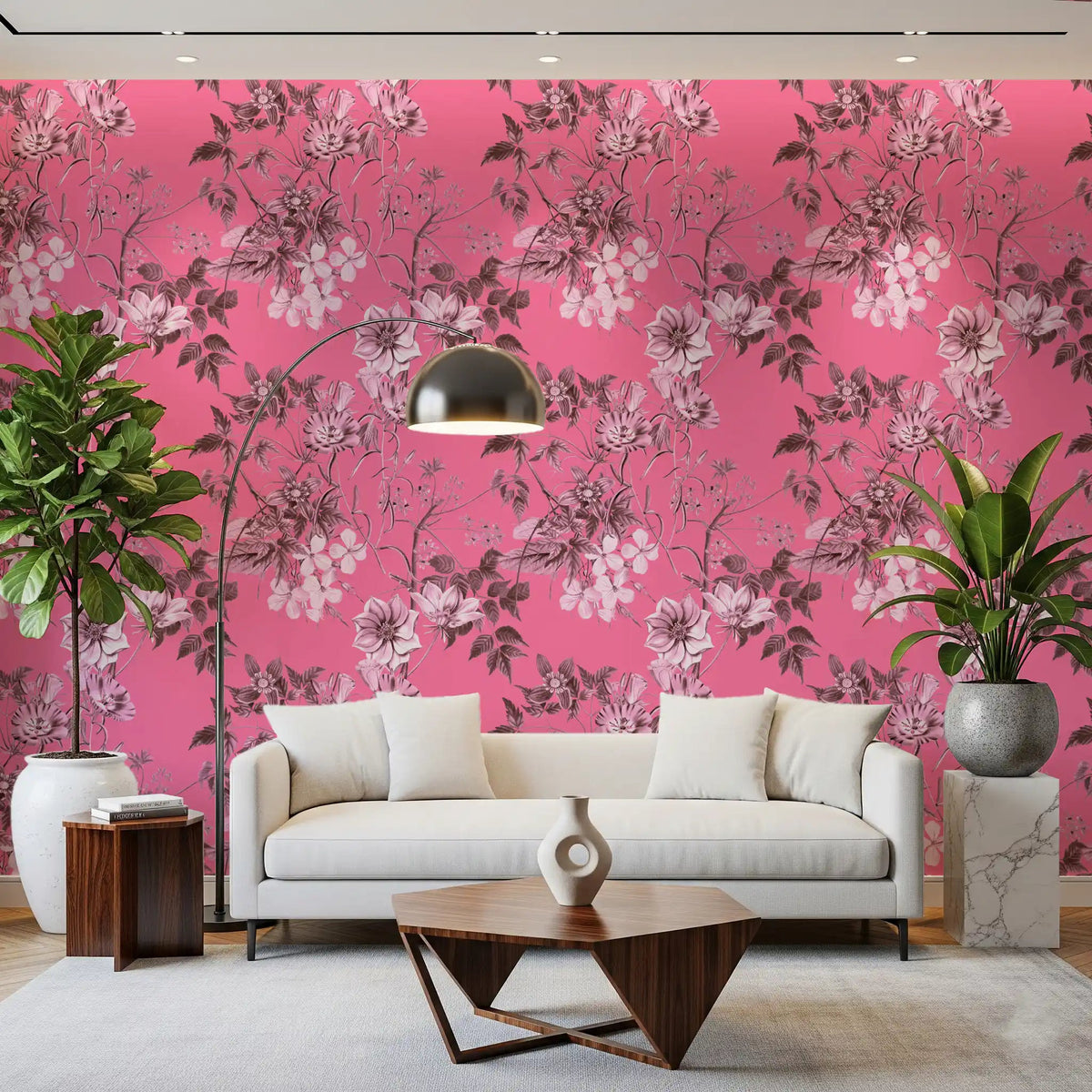 Office wall with Fuchsia Floral Prints wallpaper on a vivid pink backdrop, GD9360