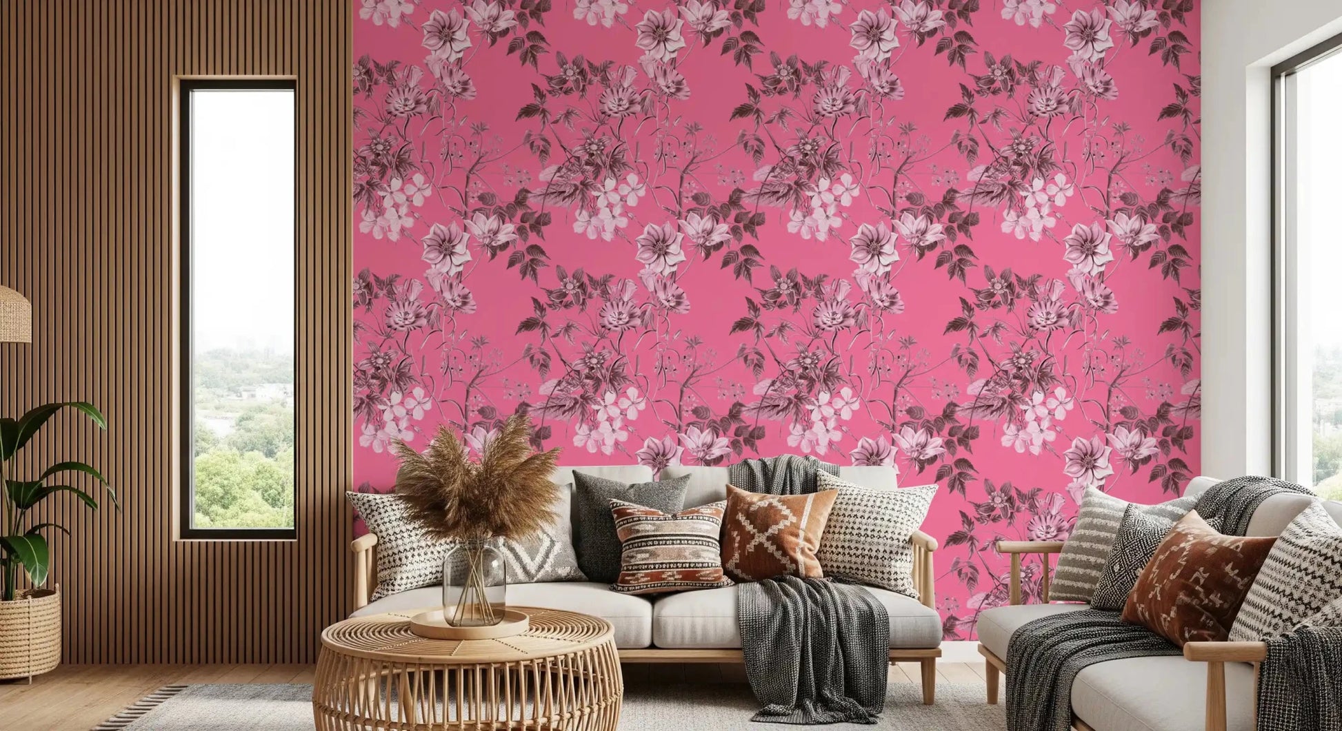 Decorative floral wallpaper with pink base and graceful leaf line drawing