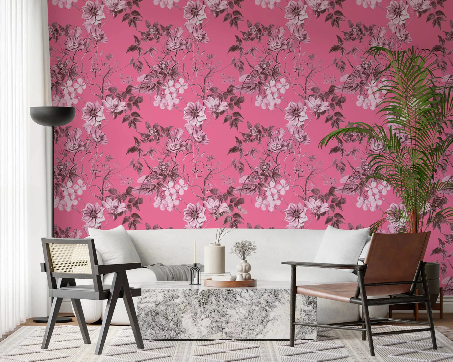 Floral sketch wallpaper in fuchsia tones with layered leaves and stems