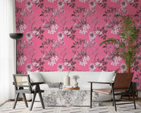 Floral sketch wallpaper in fuchsia tones with layered leaves and stems