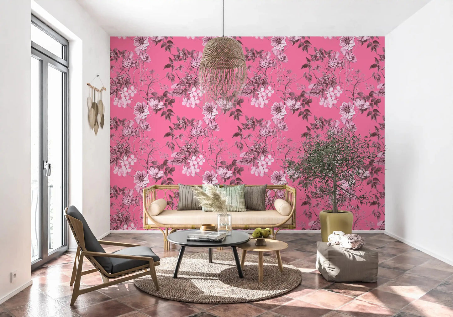 Hallway styled in Fuchsia Floral Prints wallpaper with pale flower detailing