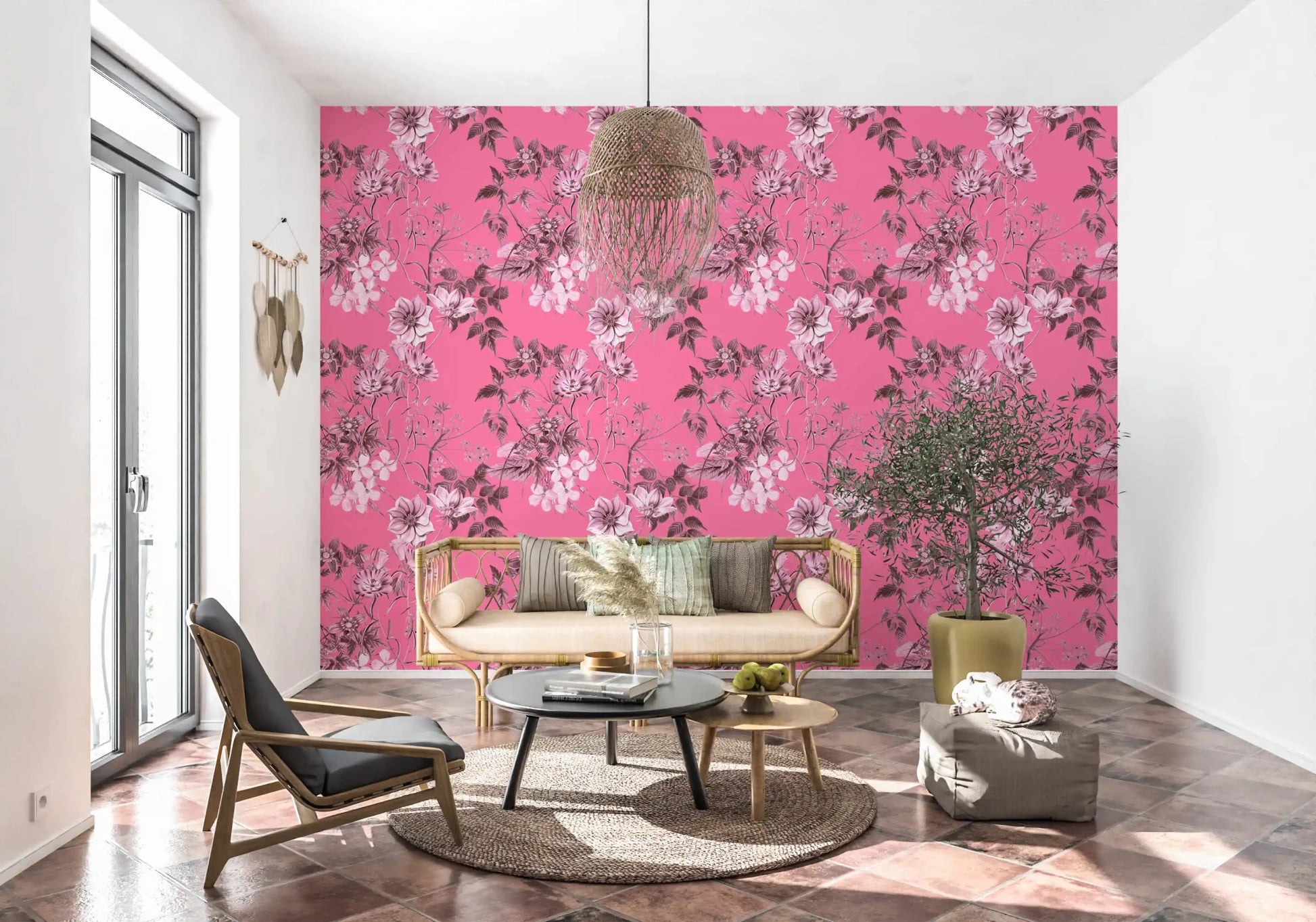 Hallway styled in Fuchsia Floral Prints wallpaper with pale flower detailing