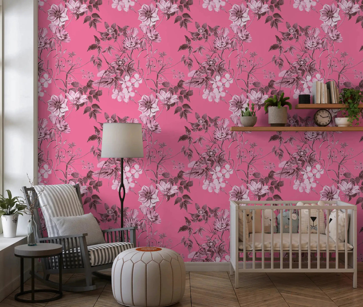 Pink botanical wallpaper with fine floral branches and soft shaded blossoms