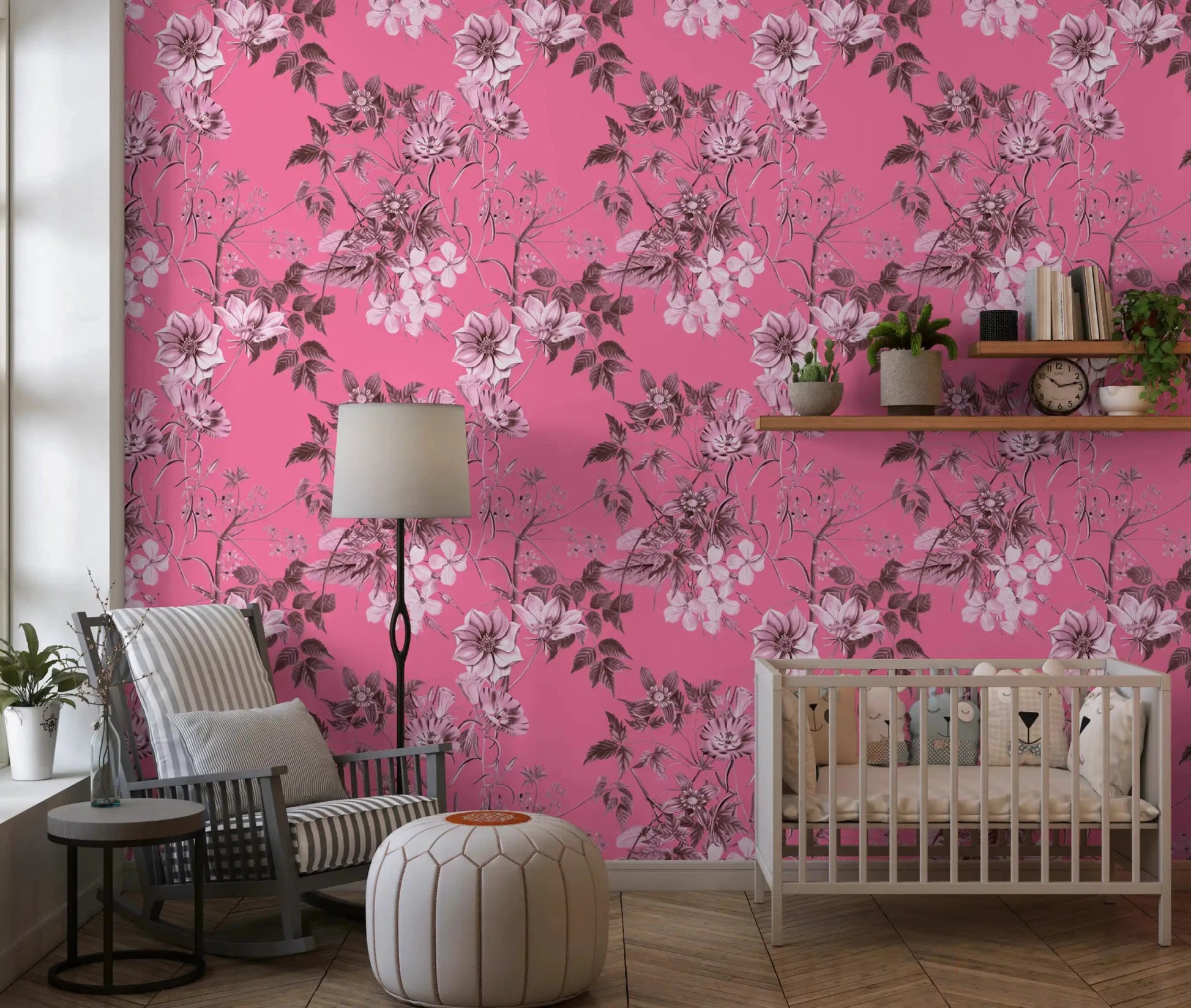 Pink botanical wallpaper with fine floral branches and soft shaded blossoms