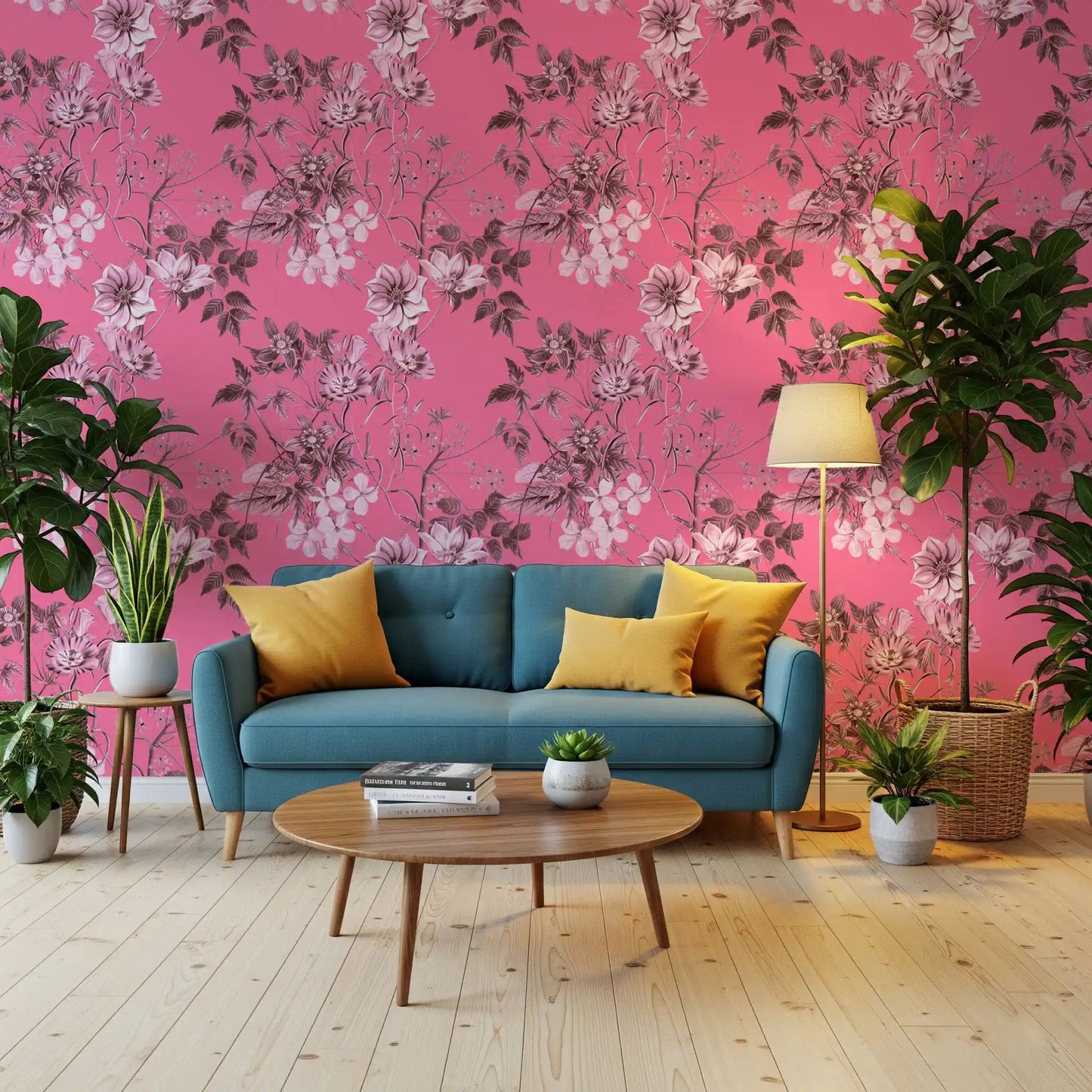 Bright pink wallpaper with illustrated floral and detailed garden pattern