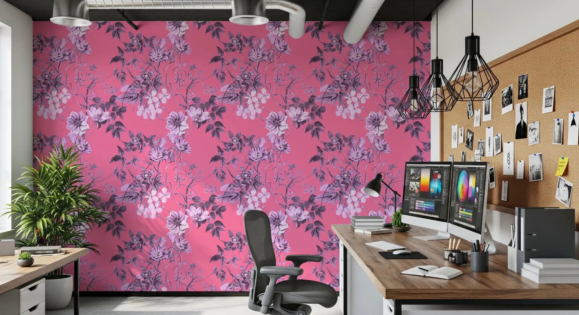 Floral print wallpaper in fuchsia and grey with delicate leaf linework