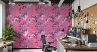 Floral print wallpaper in fuchsia and grey with delicate leaf linework