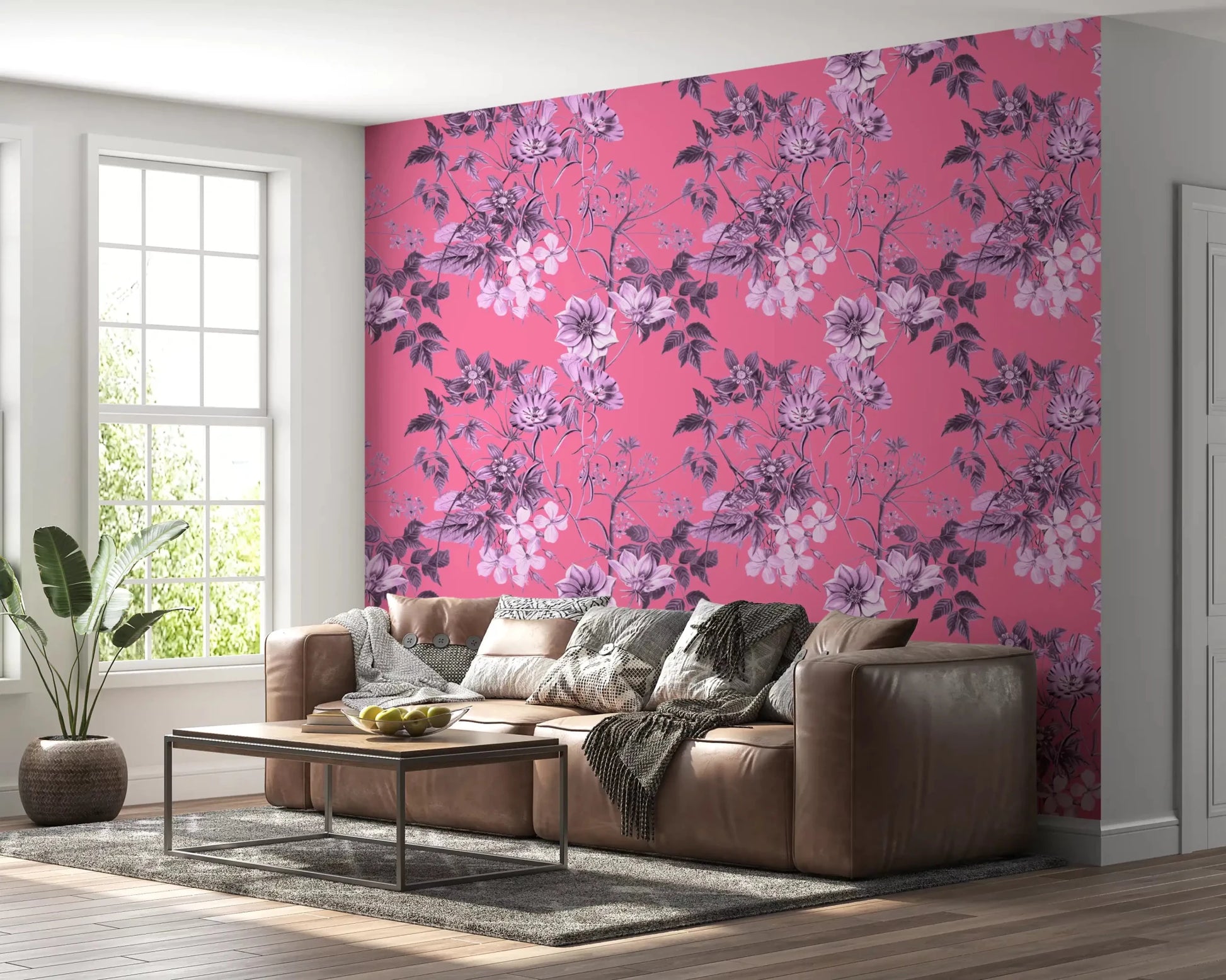 Pink flower wallpaper with layered branches and soft garden monochrome shading