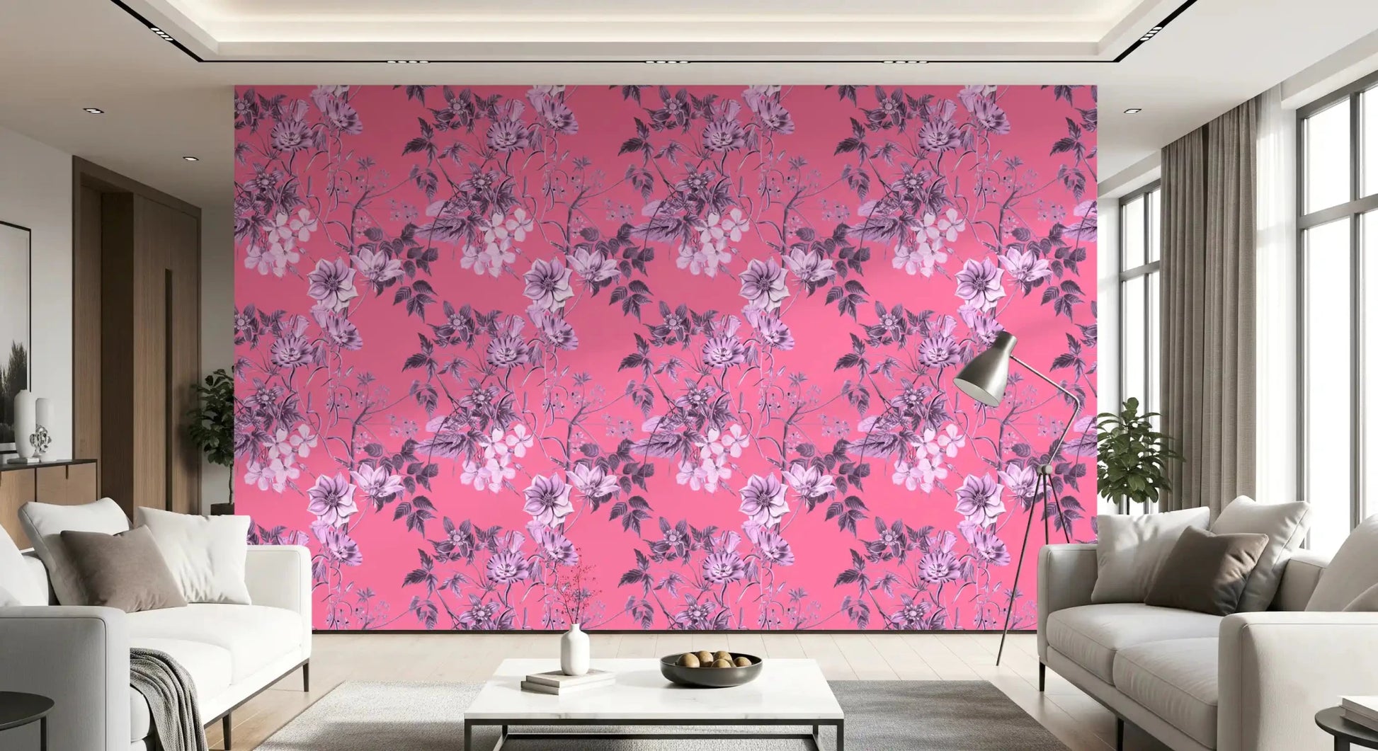 Pink botanical Fuchsia wallpaper with soft flower outlines and classic garden pattern