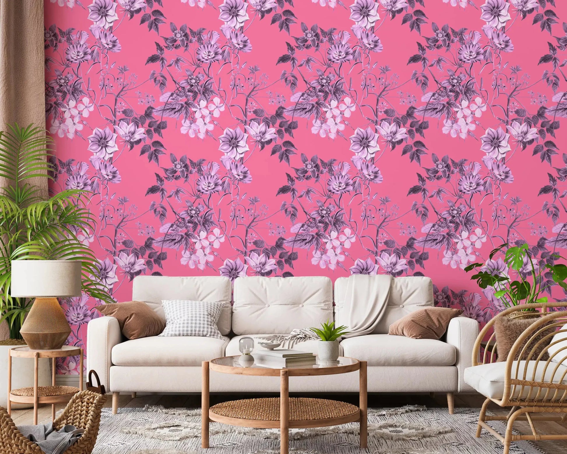 Living room with Fuchsia Garden Prints wallpaper in bold pink floral sketch style