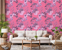 Living room with Fuchsia Garden Prints wallpaper in bold pink floral sketch style