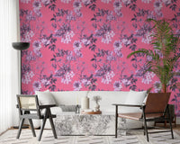 Fuchsia Garden sketch wallpaper with pink background and finely drawn floral stems