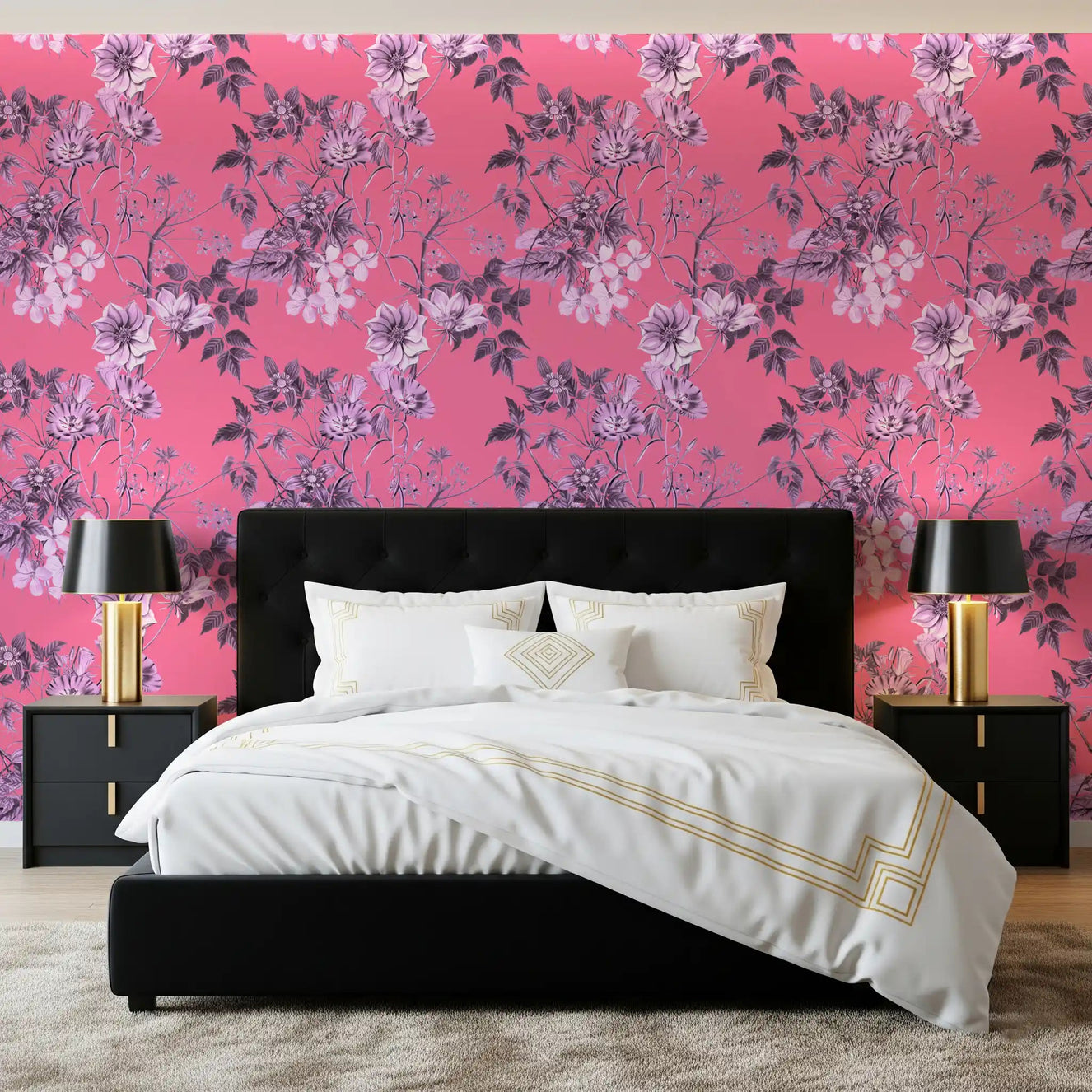 Bedroom wall with Fuchsia Garden Prints wallpaper and detailed floral branches