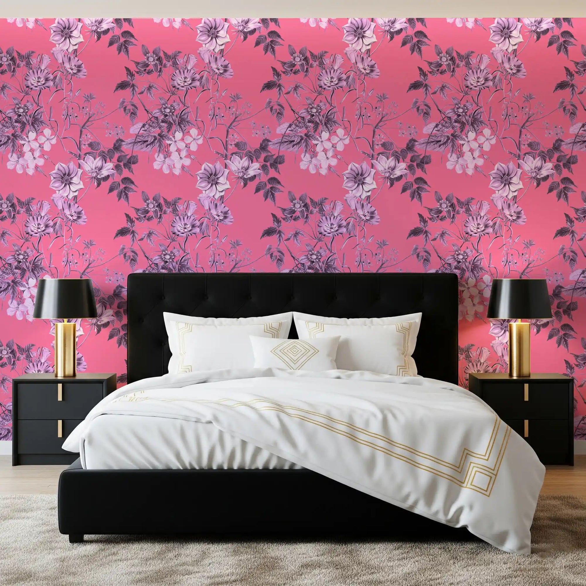 Bedroom wall with Fuchsia Garden Prints wallpaper and detailed floral branches, GD9361